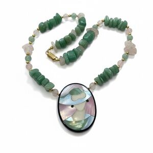 VINTAGE Lee Sands Rose Quartz Beaded Necklace Woman w Hat Medallion ART TO WEAR